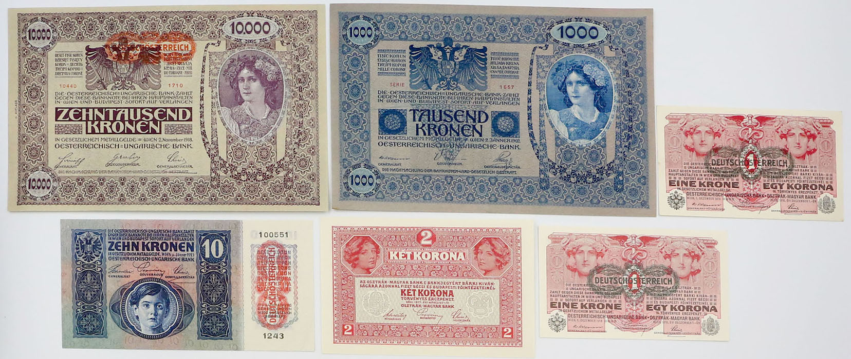 Austria. 1, 2, 10, 1000, 10.000 koron, zestaw 6 sztuk
